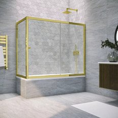 Душевая шторка на ванную профиль золотой стекло прозрачное Vegas-glass