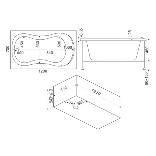 Ванна акриловая  BAS Кэмерон 120х70 без гидромассажа В 00018 (детальная фотография), 120x70 см