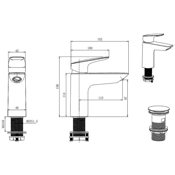 Смеситель для раковины Акватек Вега с донным клапаном черный матовый AQ1011MB (детальная фотография), для раковины