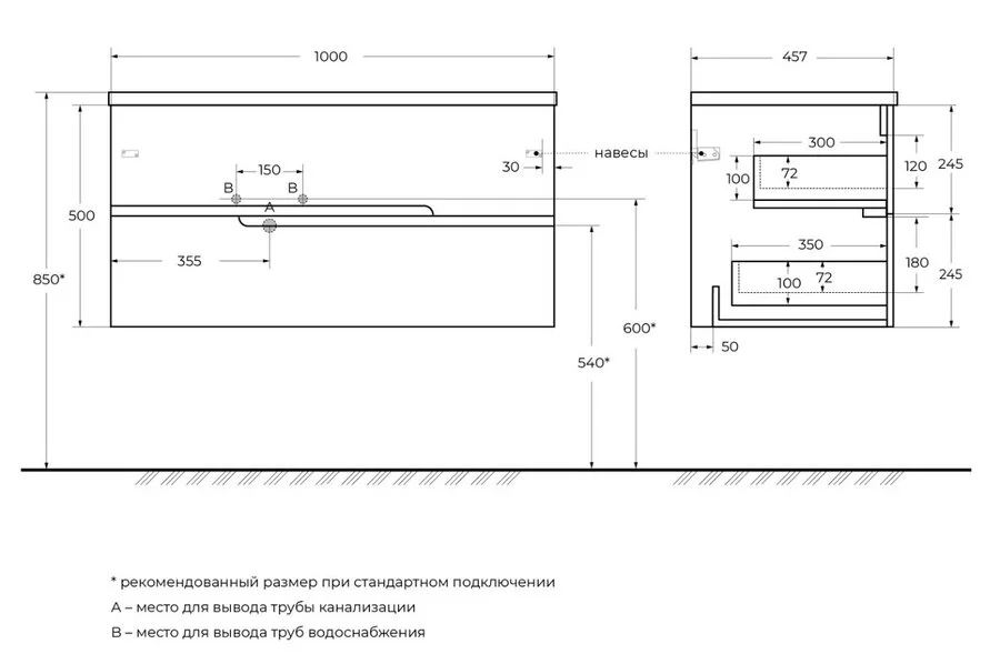 Тумба под раковину подвесная Cezares Duet 100 см левосторонняя DUET-N-1000-2C-SO-BL-L (детальная фотография), современная, hi-tech