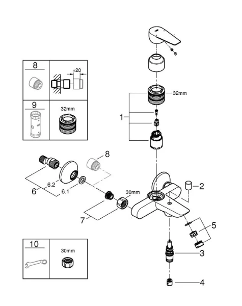 Смеситель для ванны Grohe BauFlow хром 23604001 (детальная фотография), хром