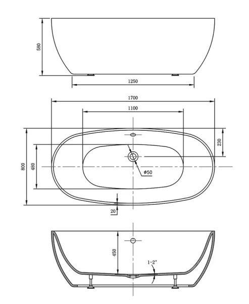 Ванна акриловая Vincea 170x80 см белая матовая VBT-405-1700MW (детальная фотография), акриловые