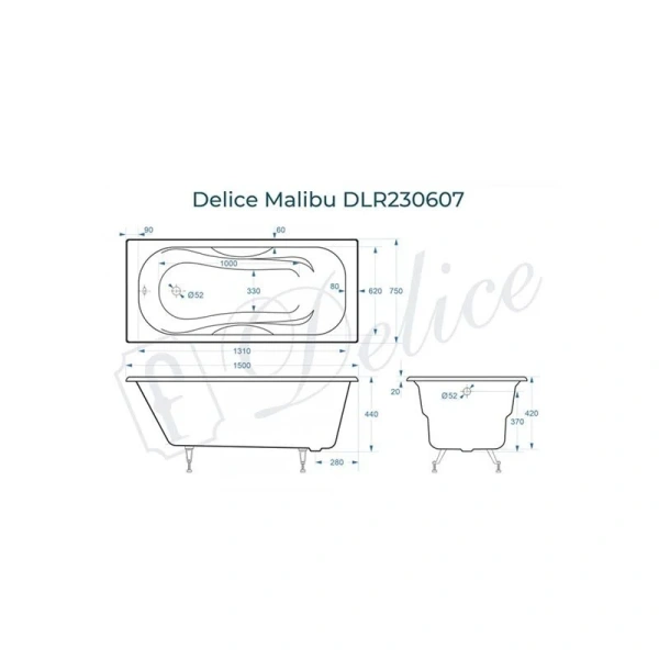 Ванна чугунная Delice Malibu 150x75 белая DLR230607 (детальная фотография), чугунные