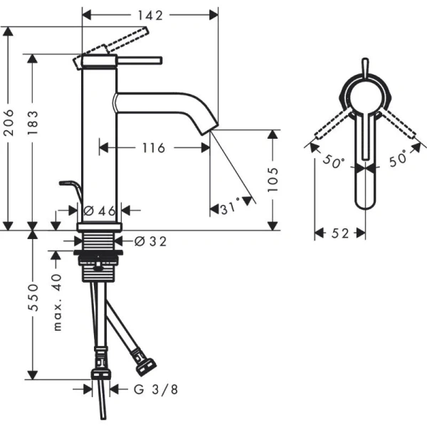 Смеситель для раковины Hansgrohe Tecturis S шлифованная бронза 73310140 (детальная фотография), для раковины