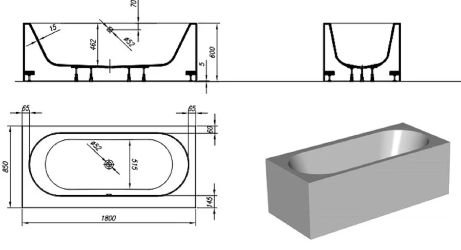 Ванна из искусственного камня Kolpa-San Atys FS, 622830, 180 х 85 см (детальная фотография), искусственный камень