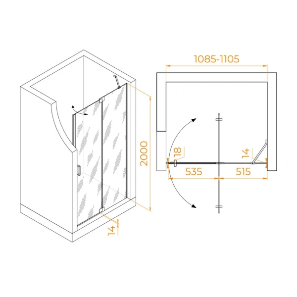 Душевая дверь в нишу RGW Hotel HO-014 110 см профиль хром, стекло матовое 350601411-21 (детальная фотография), современные, hi-tech