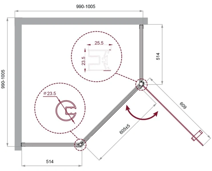 Душевой уголок BelBagno Uno 100x100 см профиль черный UNO-195-P-1-100-C-NERO (детальная фотография), многоугольные