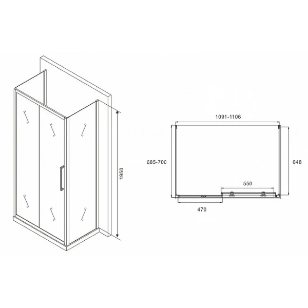 Душевой уголок Abber Schwarzer Diamant 110х70 см профиль хром, стекло матовое AG30110MH-S70M-S70M (детальная фотография), прямоугольные