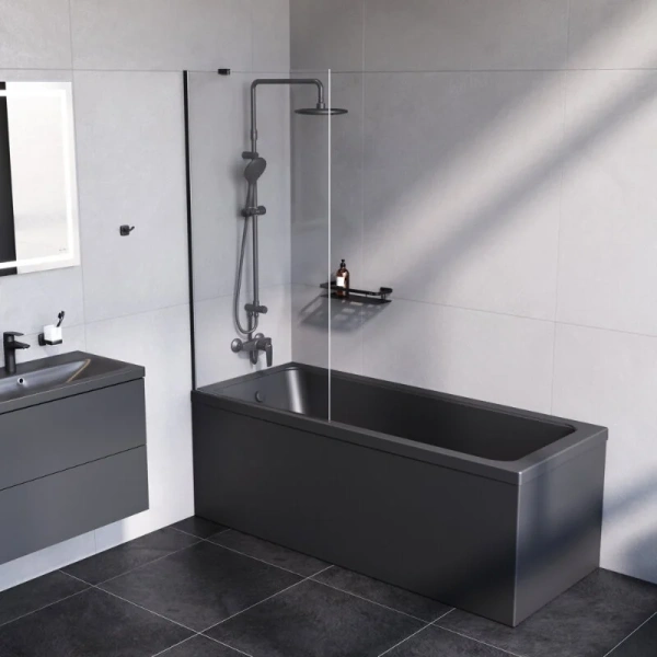 Шторка для ванны Am.Pm Gem W90BS-080-140 80х140 см поворотная (детальная фотография), хромированный профиль, черный, матовый профиль