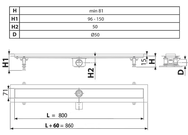 Душевой лоток Timo Standart 80 см из нержавеющей стали DP20-800 (детальная фотография), душевой лоток