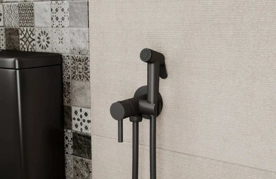 Гигиенический душ со смесителем Bravat черный матовый D9151BW-ENG (детальная фотография), полный комплект со смесителем