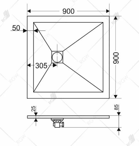 Душевой поддон RGW Stone Tray ST-G 90x90 см квадратный, графит 16152099-02 (детальная фотография), средние от 15 до 30 см