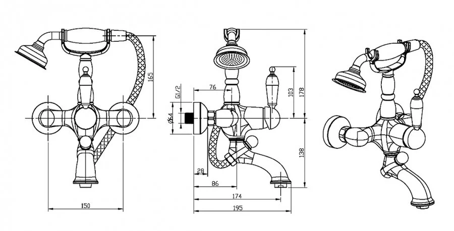 Смеситель для ванны Boheme Tradizionale Oro двухвентильный 283 (детальная фотография), для ванны