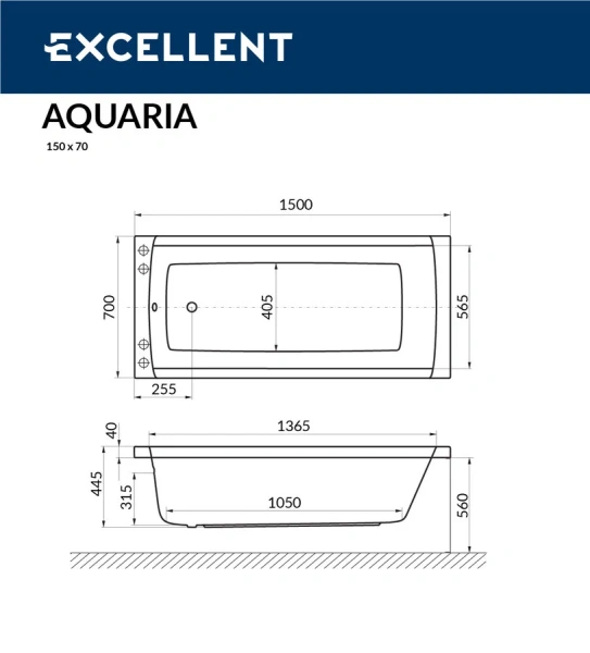 Ванна акриловая Excellent Aquaria 150 х 70 см, цвет белый, WAEX.AQU15WH (детальная фотография), акриловые