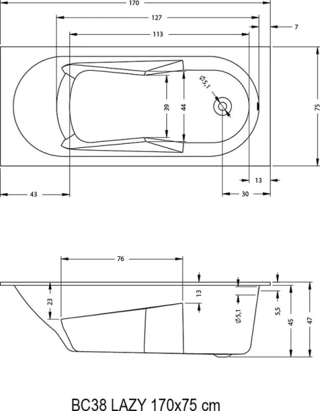 Ванна акриловая Riho Lazy 170х75 см белая B078001005 (детальная фотография), акриловые
