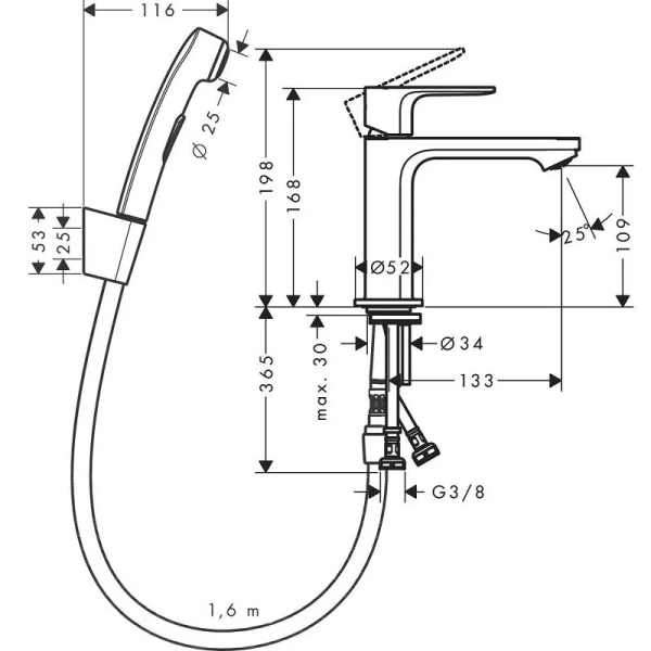 Смеситель для раковины Hansgrohe Rebris с гигиеническим душем 72216000 (детальная фотография), для раковины