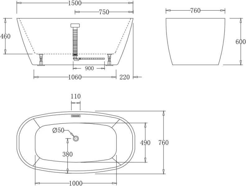 Ванна акриловая BelBagno 150х76 см отдельностоящая с переливом BB72-1500 (детальная фотография), овальные