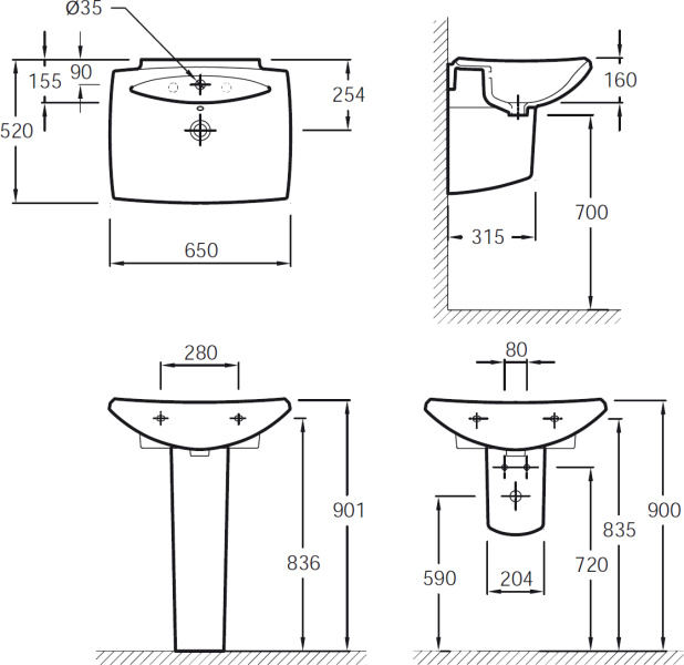 Схема (детальная фотография), подвесные, на полупьедестал, на пьедестал, пристенные