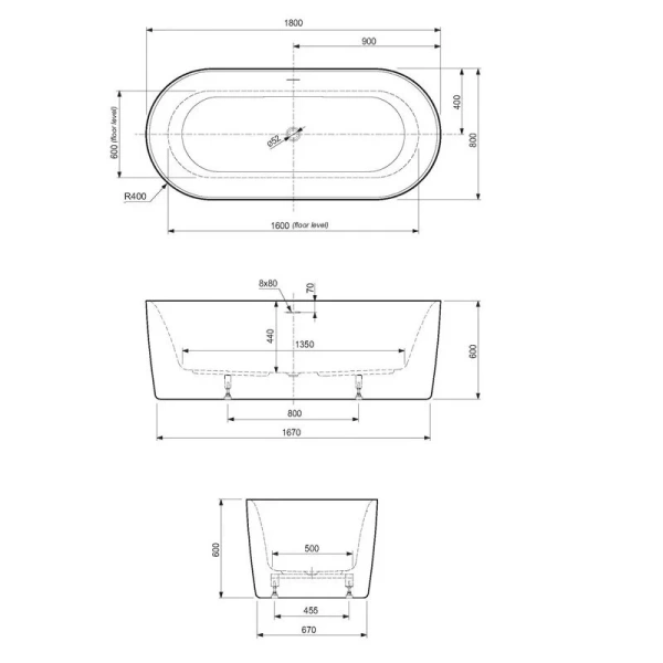 Ванна акриловая Cezares Metauro 180x80 см серая матовая METAURO-INT-Central-180-80-60-G-W-MATT (детальная фотография), 180x80 см