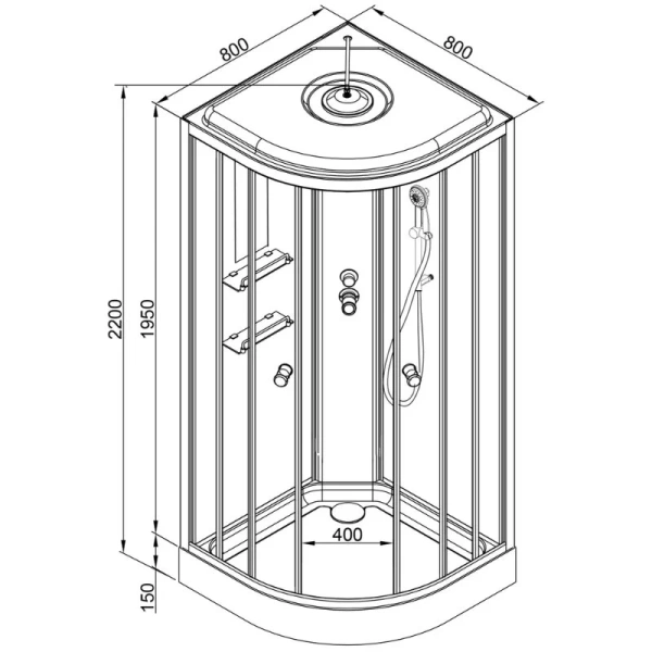 Душевая кабина Deto EM 80x80 см с гидромассажем спины EM1580LED+GM (детальная фотография), полукруглые, четверть круга