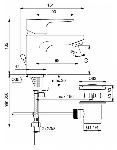 Смеситель для раковины Ideal Standard Ceraplan III Slim с металлическим донным клапаном BC559AA (детальная фотография), для раковины