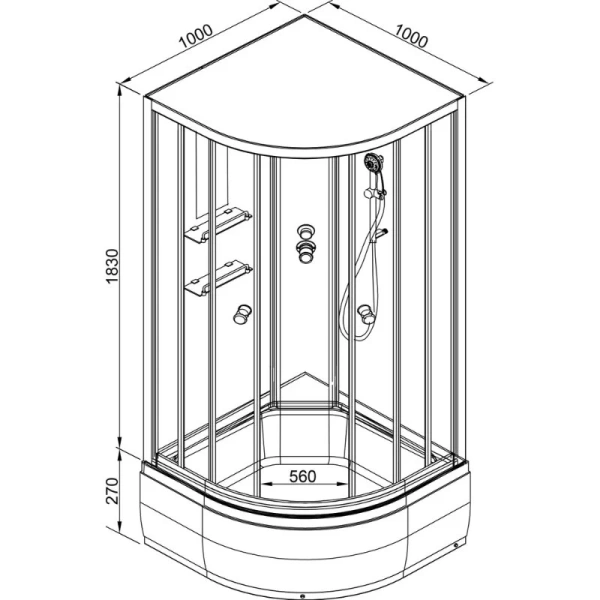 Душевая кабина Deto EM 100x100 см без крыши EM2710N (детальная фотография), полукруглые, четверть круга