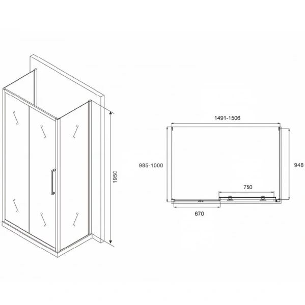 Душевой уголок Abber Schwarzer Diamant AG30150H-S100-S100 150x100 см пристенный (детальная фотография), прямоугольные