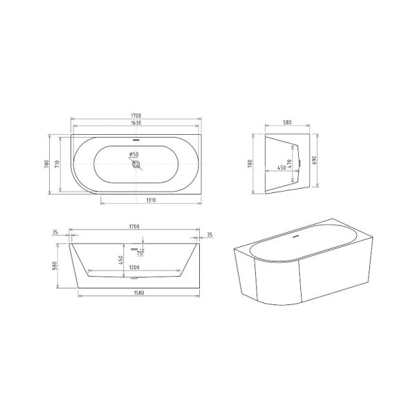 Ванна акриловая Royal Bath Riva RB610311L-WT/RB610311R-WT, 170 x 78 см, левая/правая, цвет белый (детальная фотография), акриловые