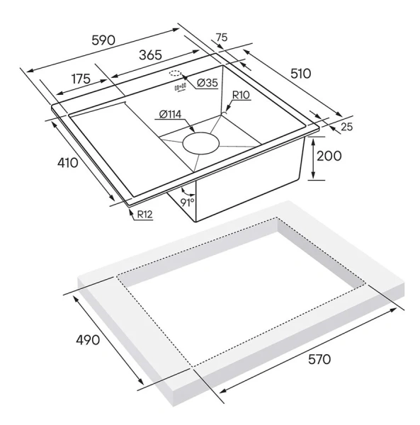 Мойка для кухни Paulmark Flank 59 см брашированное золото, правосторонняя PM225951-BGR (детальная фотография), золотые