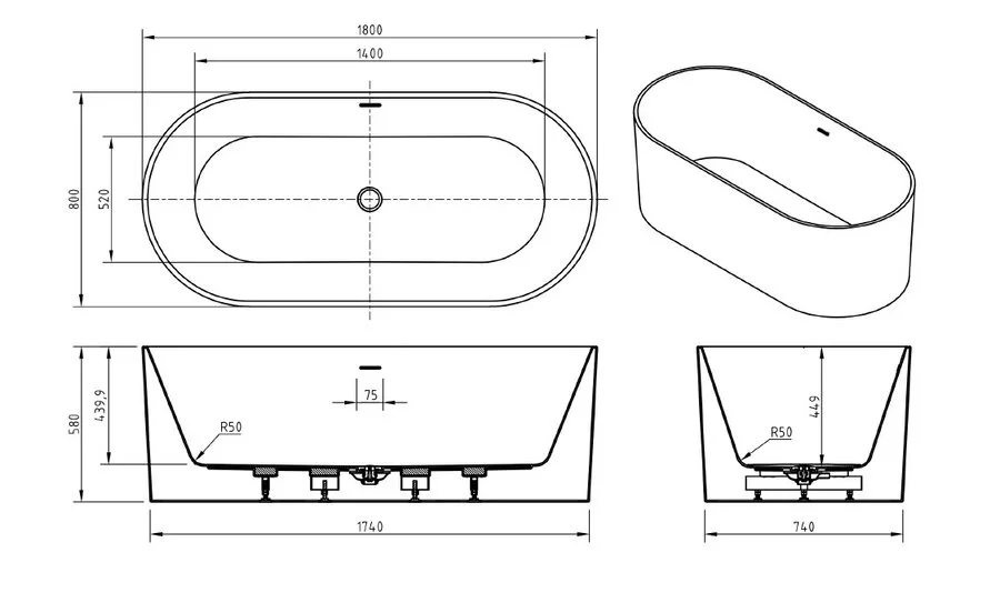 Ванна акриловая BelBagno 180x80 см отдельностоящая BB705-1800-800 (детальная фотография), акриловые