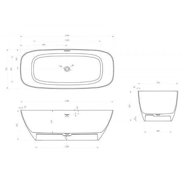 Ванна из искусственного камня Abber Stein 170x72 см белая матовая AS9612-1.7 (детальная фотография), 170x70 см