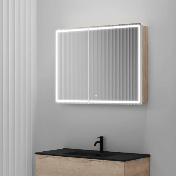 Зеркальный шкаф с подсветкой Sancos Mirror 100 см дуб галифакс натуральный MI100EG (детальная фотография), навесные