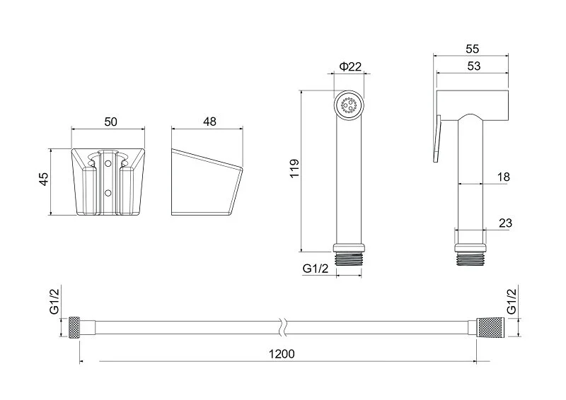 Гигиенический душ с держателем и шлангом Акватек золото шлифованное AQ2054BG (детальная фотография), комплект с лейкой, шлангом и держателем