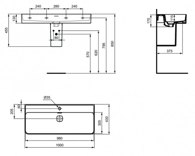 Раковина Ideal Standard Strada II 100 см прямоугольная T300201 (детальная фотография), современные, hi-tech