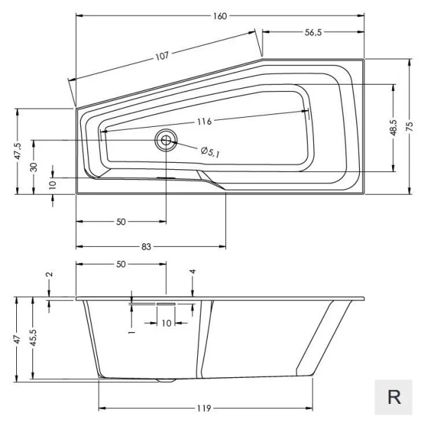 Акриловая ванна Riho Rething Space Plug & Play B111005005/B112005005, 160 x 75 см, левая/правая, цвет белый (детальная фотография), 160х75