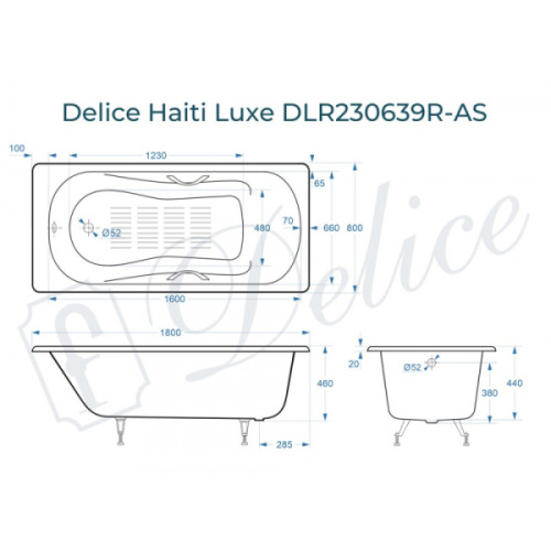 Ванна чугунная Delice Haiti Luxe 180х80 см с отверстиями под ручки и антискользящим покрытием DLR230639R-AS (детальная фотография), без гидромассажа, большие