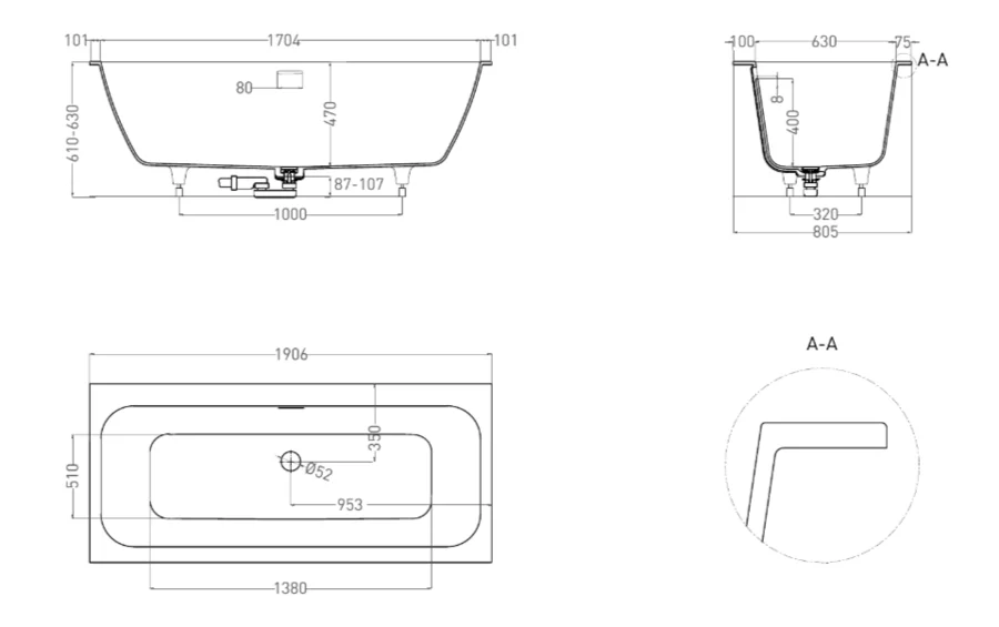 Ванна из искусственного камня Salini Orlando Axis Kit 190 1033 191,1x80 см встраиваемая (детальная фотография), литьевой мрамор