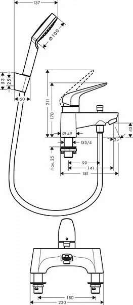 Смеситель для ванны Hansgrohe Novus 71044000 (детальная фотография), для ванны