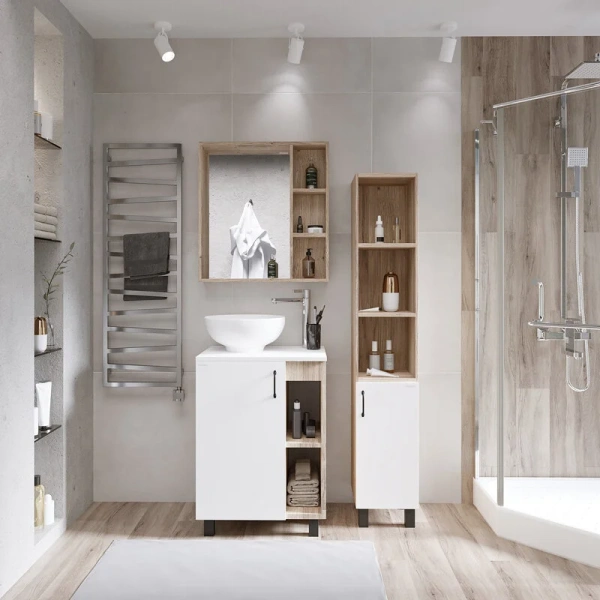 Тумба под раковину напольная Grossman Флай 60,5 см дуб сонома/белая 106001 (детальная фотография), белая, светло-коричневая, комбинированная