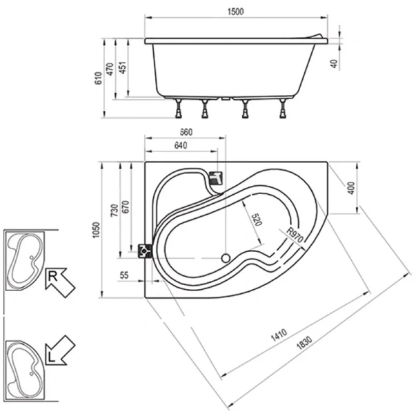 Ванна акриловая левая Ravak Rosa I 150х105 L CK01000000 (детальная фотография), современныe, hi-tech