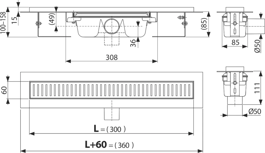 Душевой лоток Alcaplast 30 см без решетки APZ1-300 (детальная фотография), с сухим затвором, с мокрым затвором