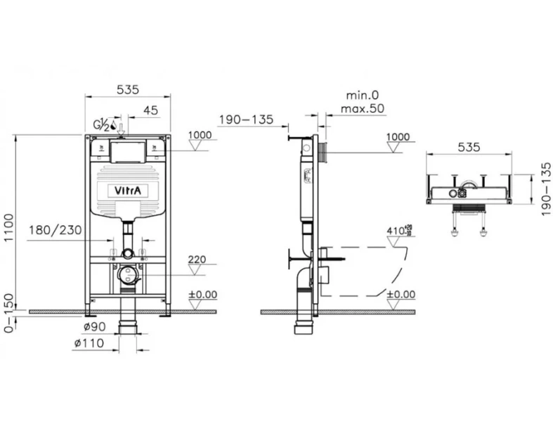 Унитаз с инсталляцией и панелью управления, сиденье с микролифтом, VitrA Zentrum 9012B003-7206 (детальная фотография), подвесные