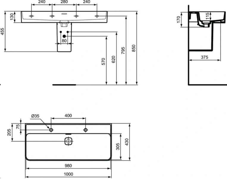 Раковина Ideal Standard Strada II 100 см с двумя отверстиями под смесители T372401 (детальная фотография), современные, hi-tech