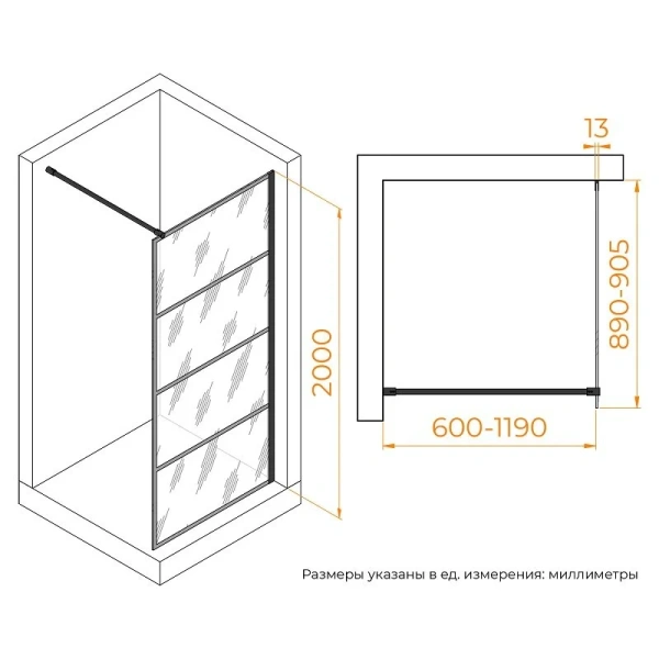 Душевая перегородка RGW Walk In WA-019B 90 см профиль черный 351001990-84 (детальная фотография), современные, hi-tech