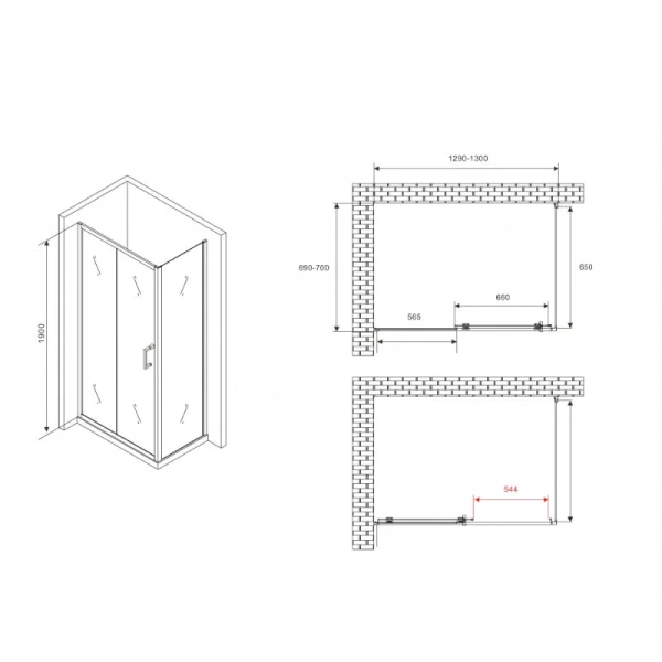 Душевой уголок Abber Schwarzer Diamant 130x70 см профиль черный AG30130B5-S70B5 (детальная фотография), прямоугольные