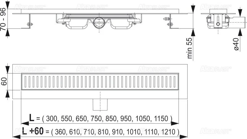 Душевой лоток Alcaplast 85 см с опорами APZ101-850 (детальная фотография), матовый хром