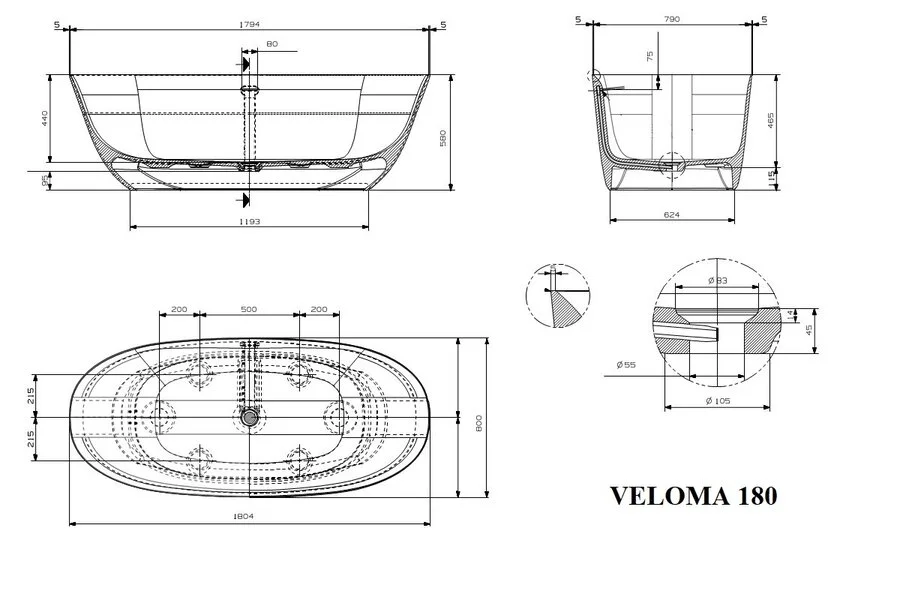 Ванна из искусственного камня Plumberia Selection Veloma, 180 х 80 см, белый матовый, VELOMA 180BO (детальная фотография), искусственный камень