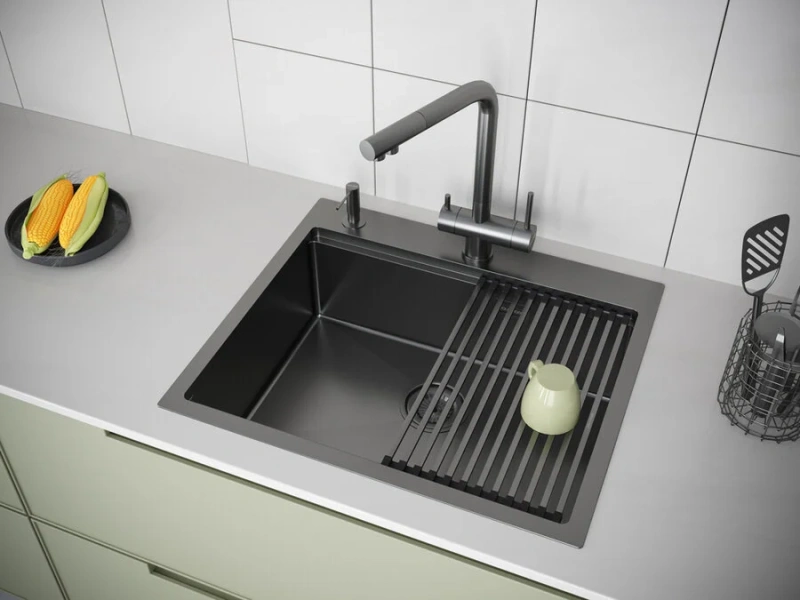 Мойка для кухни Paulmark Brim-Pro 59 см вороненая сталь PM705951-GM (детальная фотография), прямоугольной формы