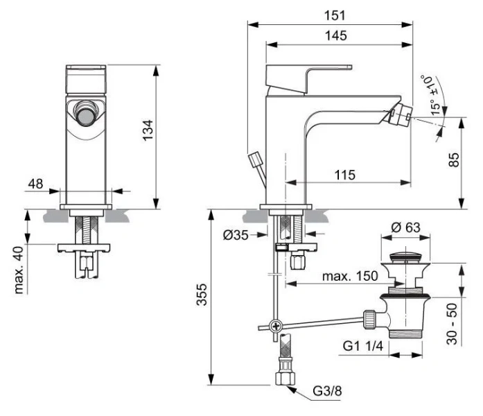 Смеситель для биде Ideal Standard Edge одноручный A7118AA (детальная фотография), для биде