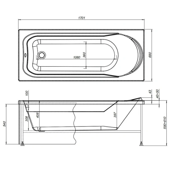 Ванна акриловая Aquanet West 00240463, 170 x 70 см, с каркасом, цвет белый (детальная фотография), акриловые
